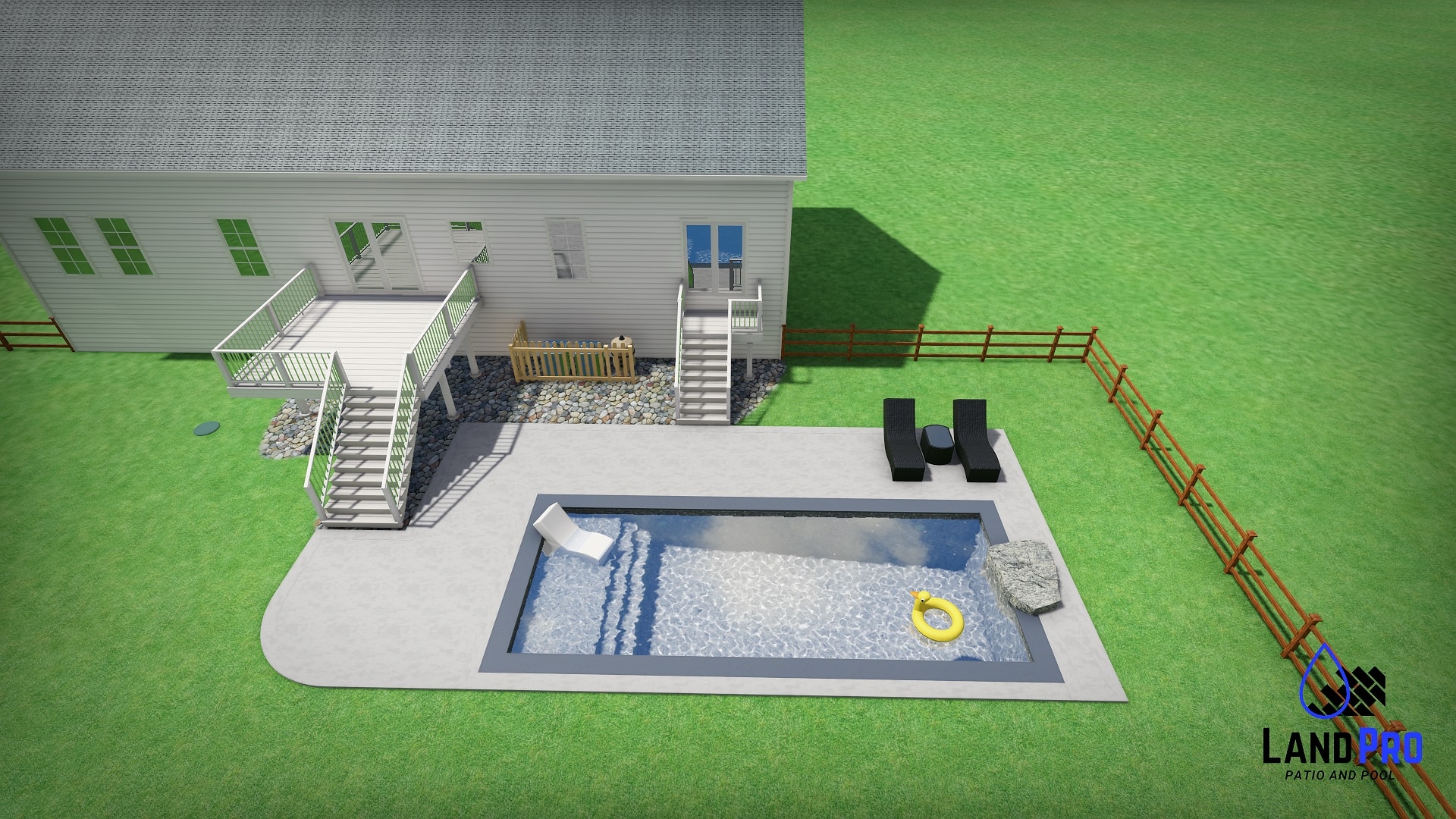 Design — 3D daytime rendering of pool with slide, lounge chairs, and dual decks