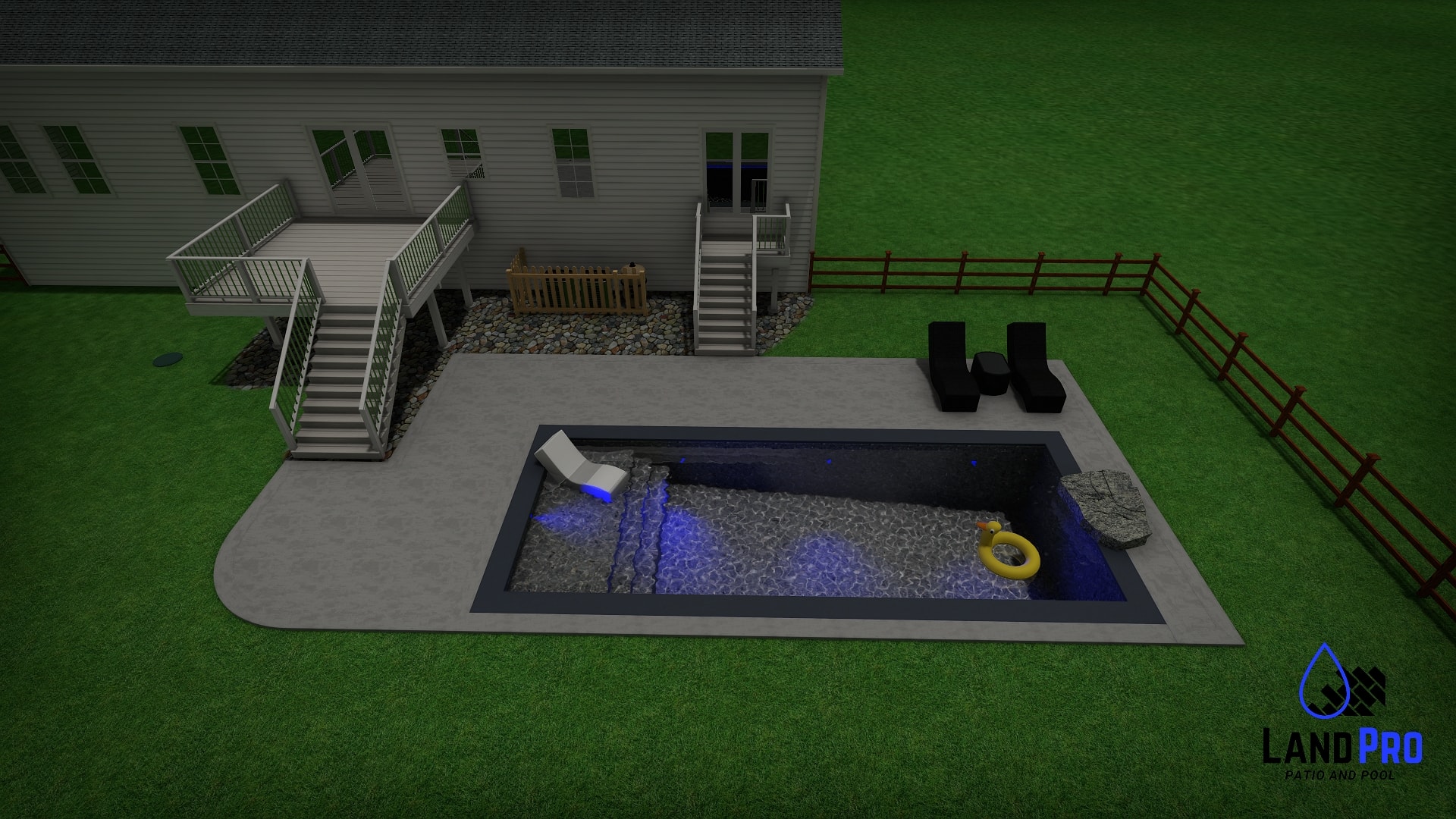 Design — 3D night rendering of pool with blue LED lighting and waterfall feature