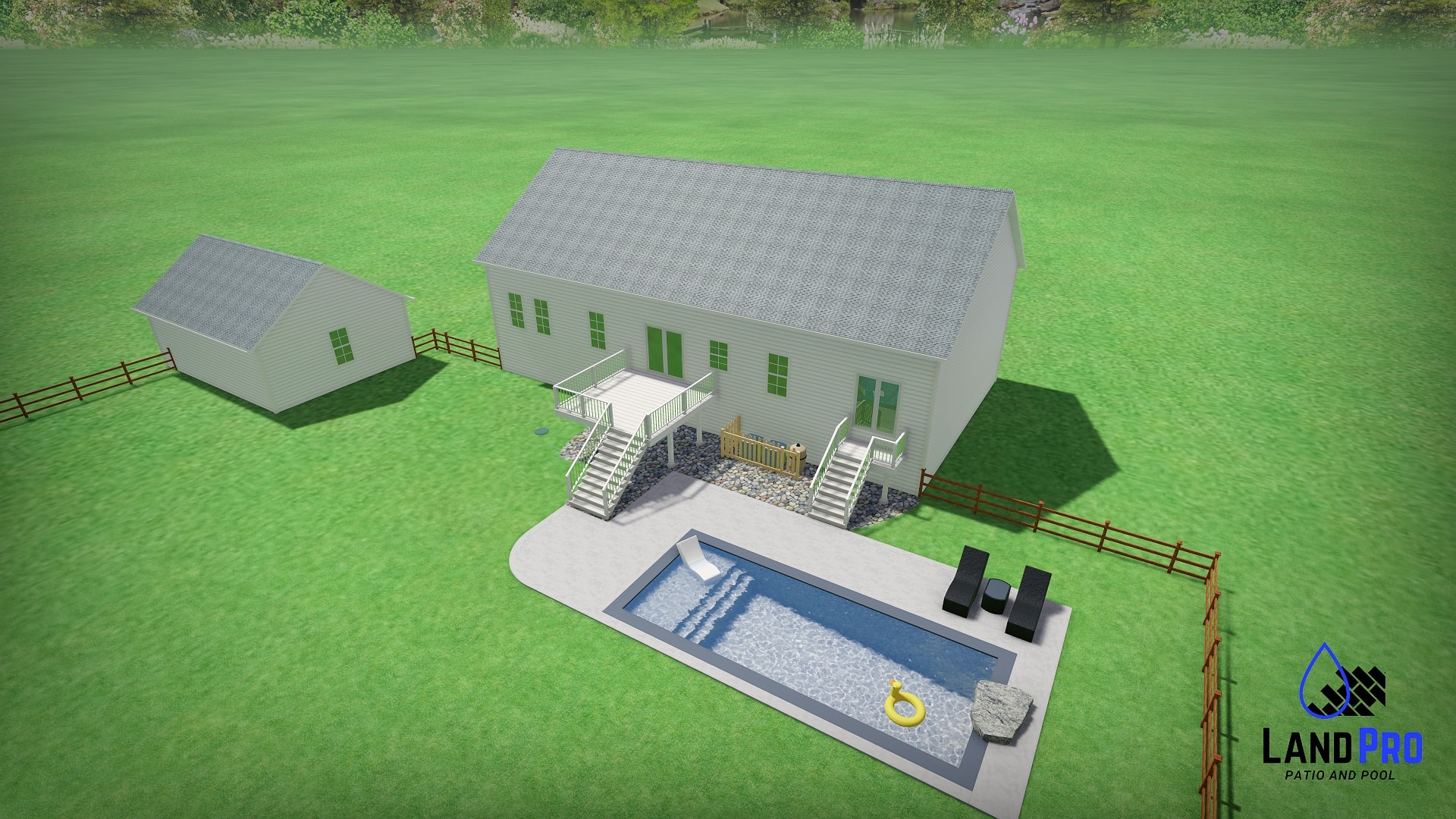 Design — 3D aerial rendering showing full property with pool, patio, and house