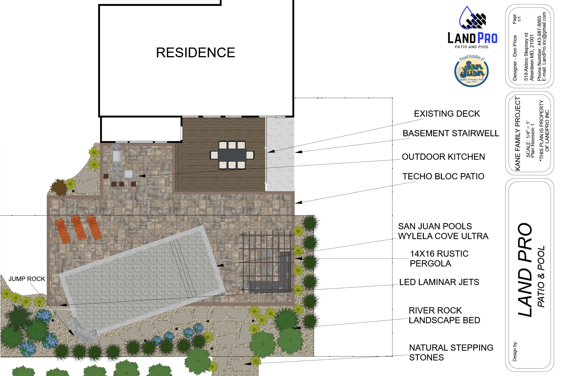 Chef's Dream — LandPro design plan showing outdoor kitchen, Techo Bloc patio, San Juan Wylela Cove Ultra pool, pergola, LED laminar jets, and river rock landscape bed
