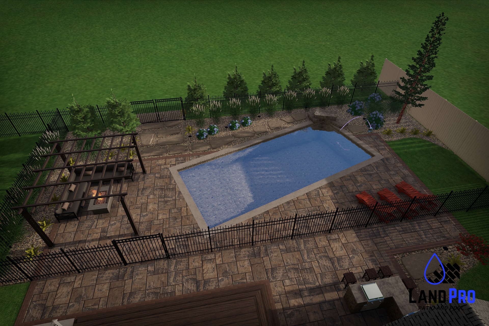 Chef's Dream — 3D daytime rendering of backyard with pool, paver patio, pergola with fire pit seating, red lounge chairs, and laminar water jets