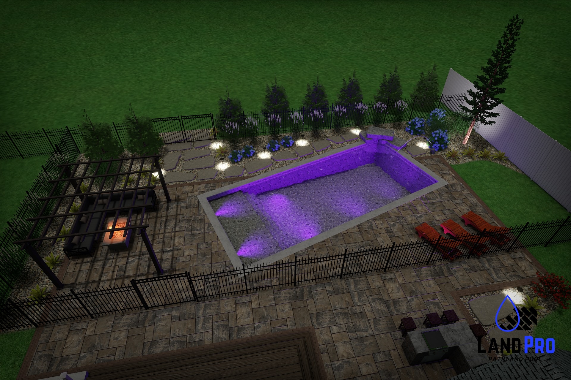 Chef's Dream — 3D nighttime rendering of backyard pool with purple LED lighting, fire pit, pergola, and landscape uplighting