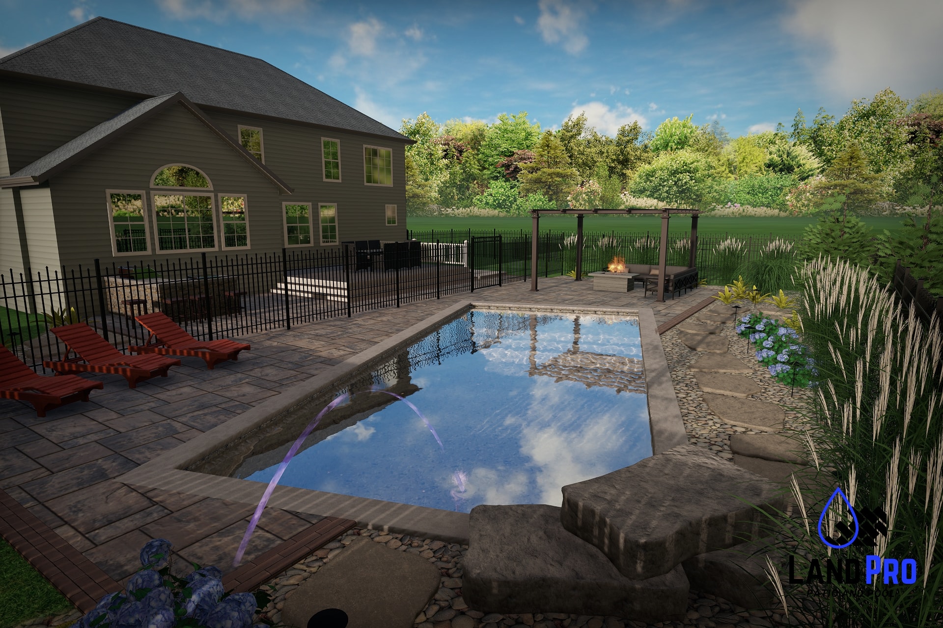 Chef's Dream — 3D daytime close-up rendering of pool with laminar jets, jump rock, paver patio, pergola with fire pit, and outdoor kitchen
