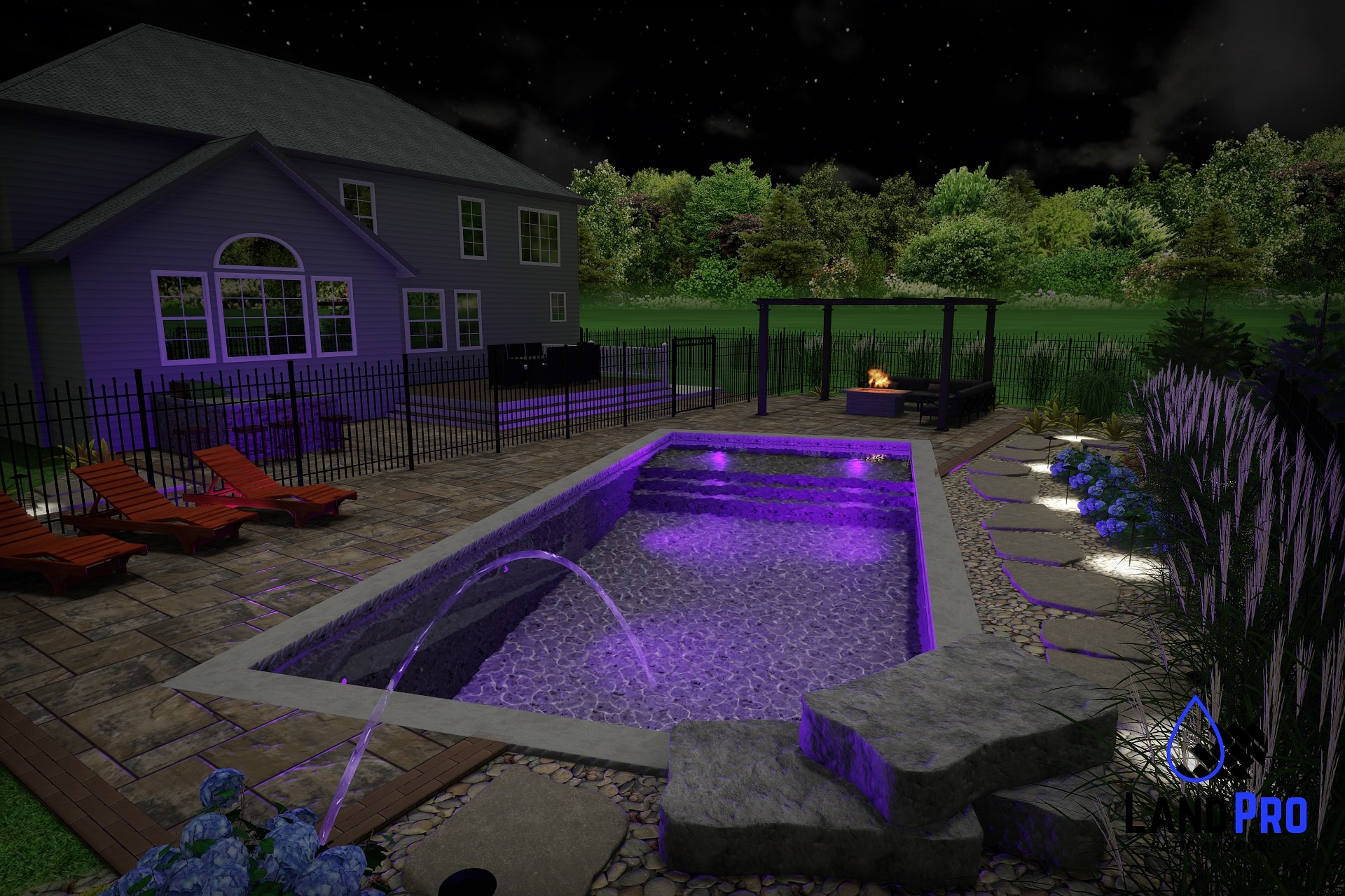 Chef's Dream — 3D nighttime close-up rendering of pool with purple LED lighting, laminar jets, jump rock, and fire pit glowing under pergola