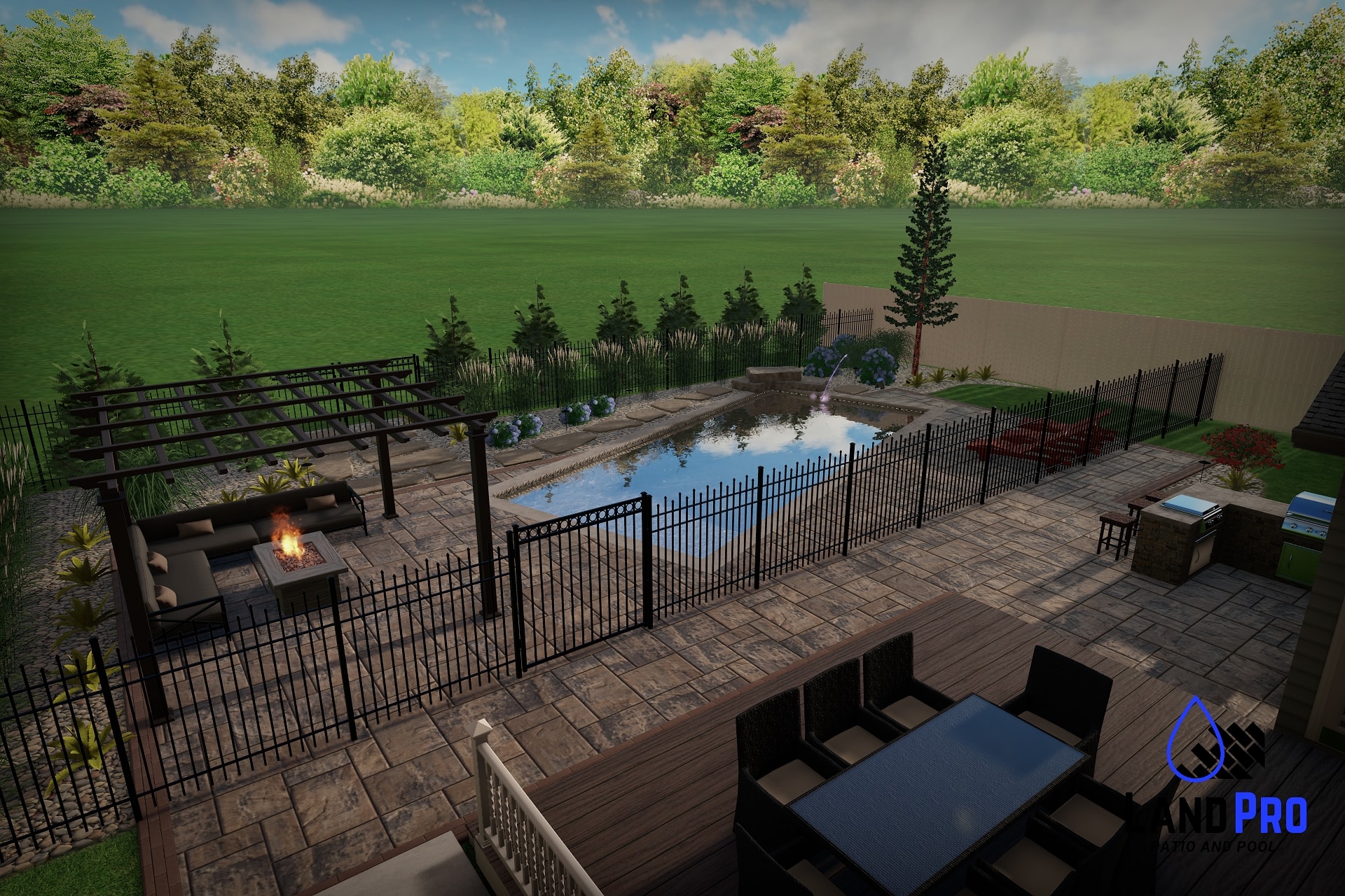 Chef's Dream — 3D daytime wide rendering of full backyard from deck level showing pool, paver patio, pergola with fire pit, outdoor kitchen, and landscaping