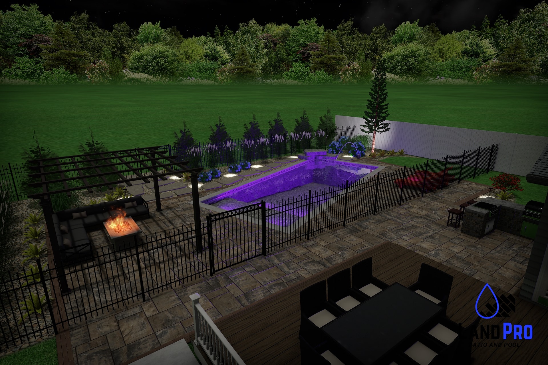 Chef's Dream — 3D nighttime wide rendering of full backyard from deck level showing pool with purple LED lighting, fire pit, outdoor kitchen, and landscape lighting