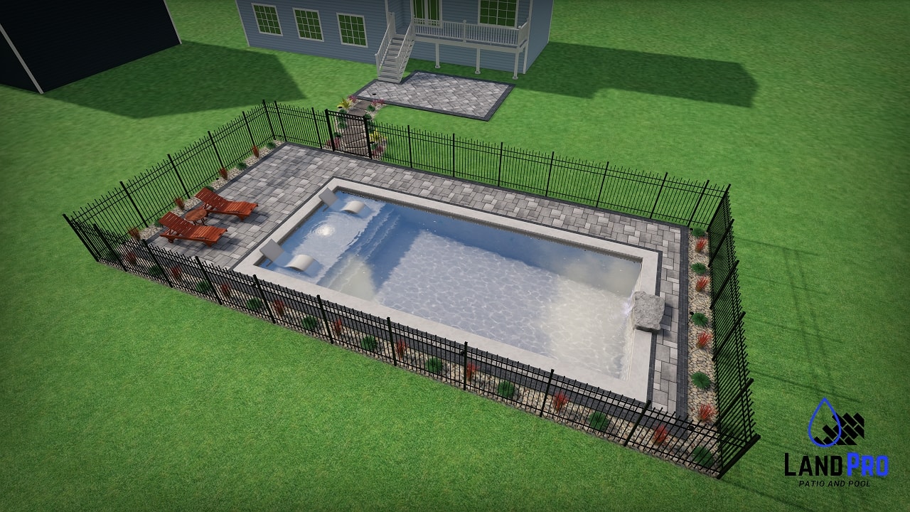Design — 3D daytime rendering of pool with paver surround and aluminum fence