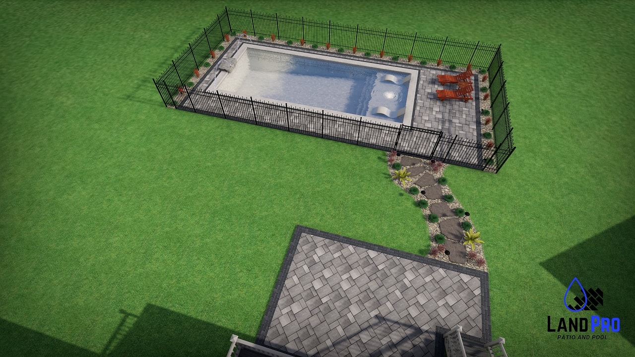 Design — 3D aerial rendering showing full property with pool, patio, and stone pathway