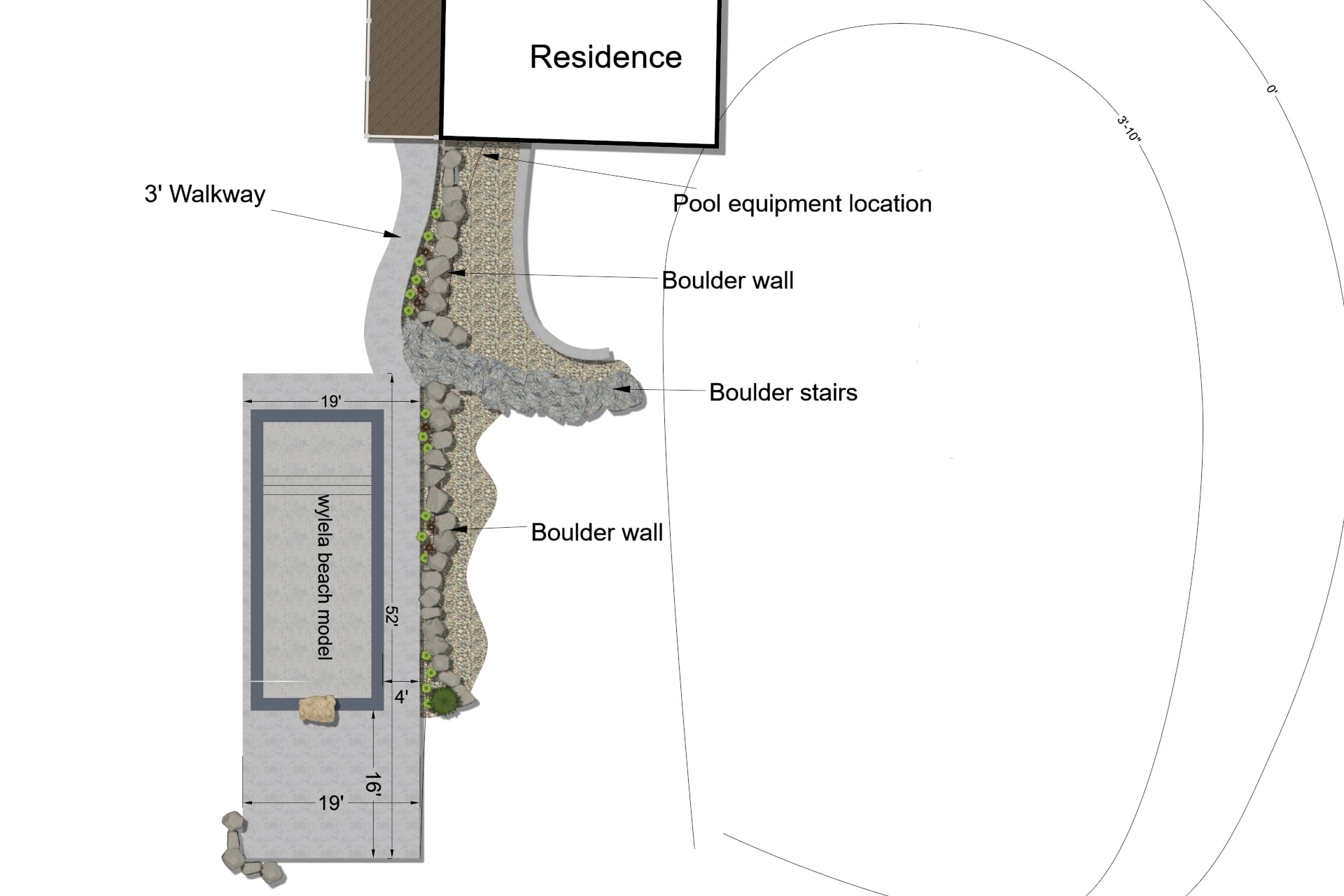 Design — site plan showing pool, boulder walls, stairs, and walkway layout
