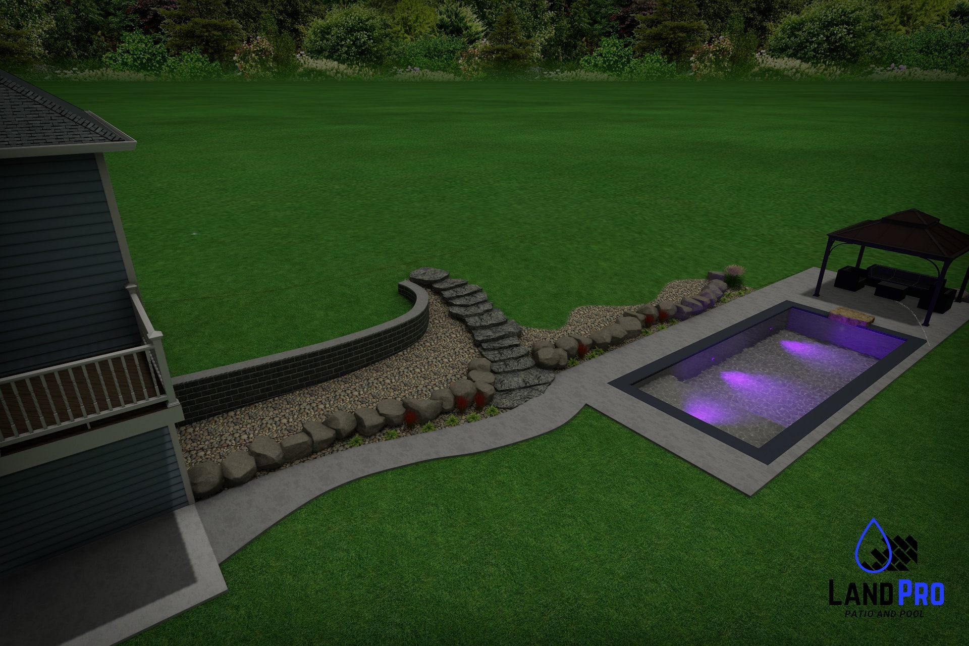 Design — 3D rendering of pool with purple LED lighting at night