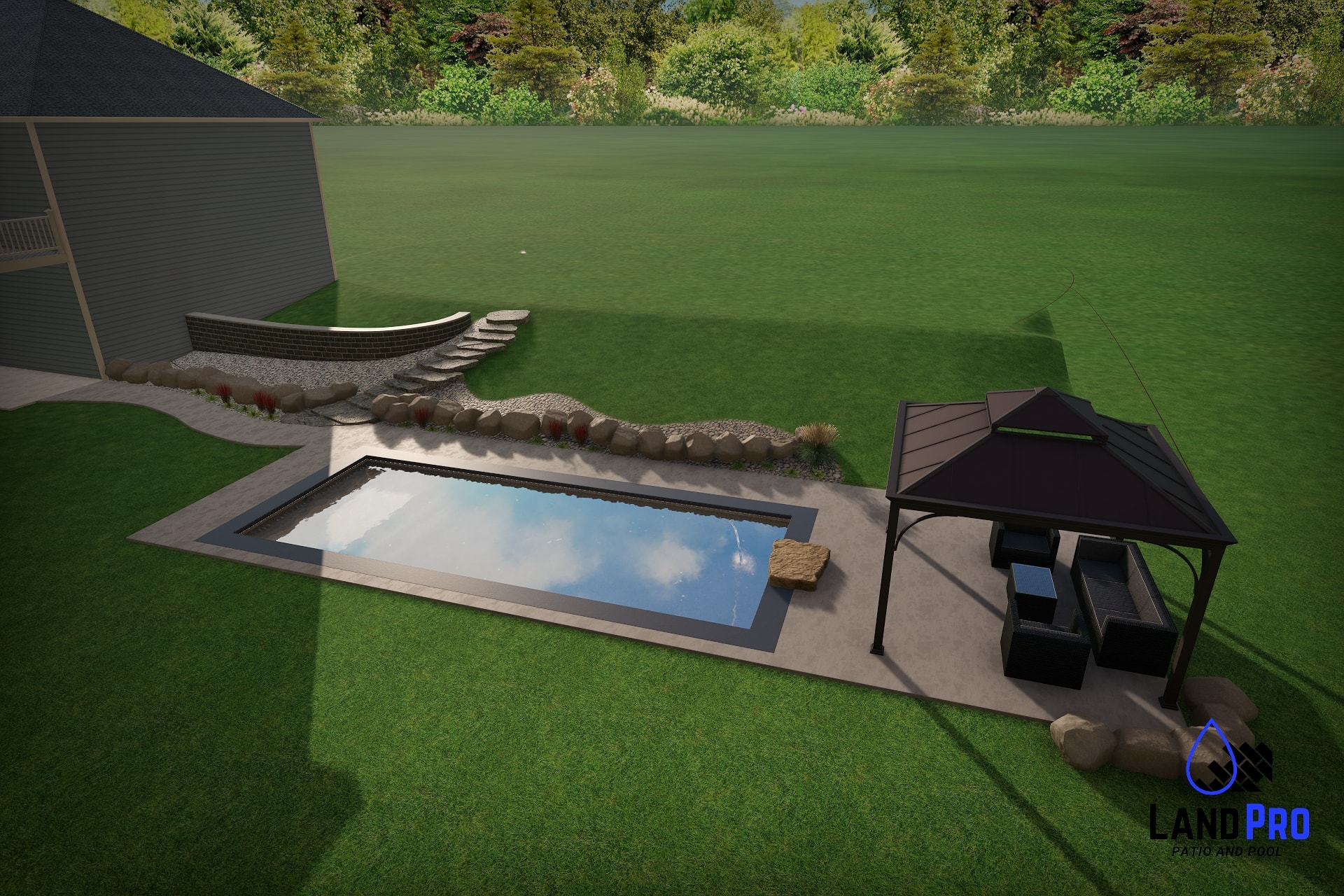 Design — 3D daytime rendering showing pool, patio, and gazebo
