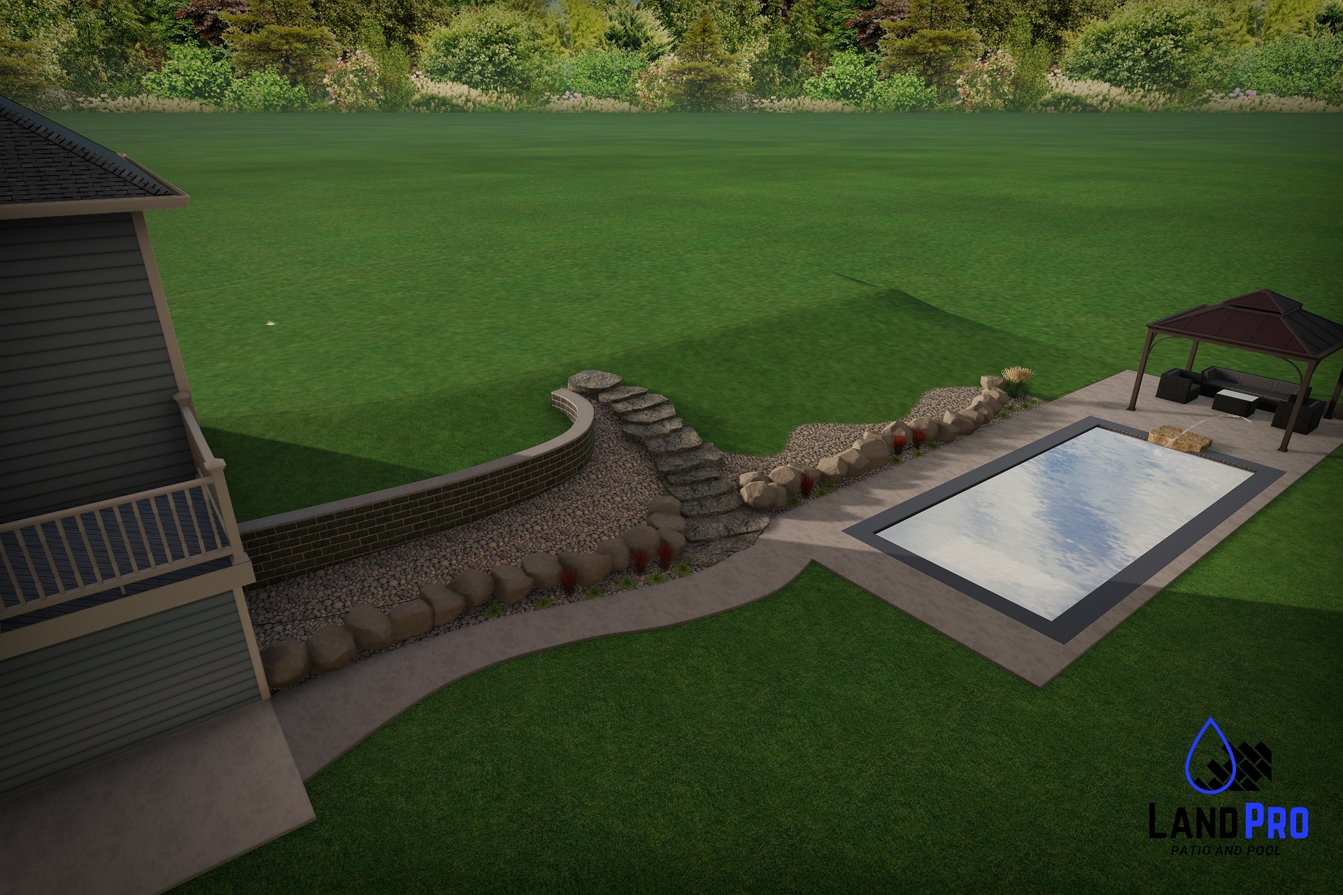 Design — 3D daytime rendering showing full backyard layout with retaining wall and pool