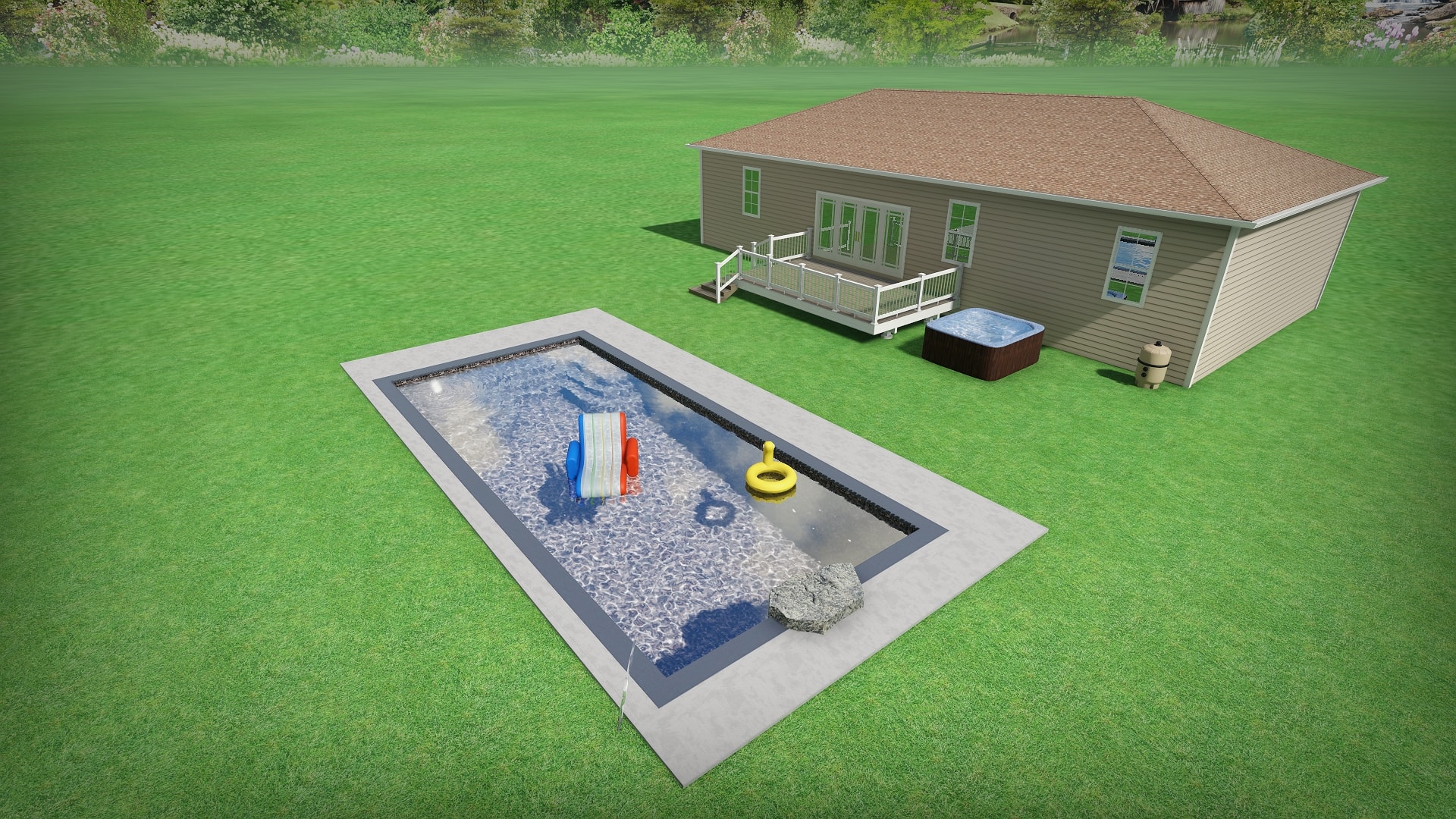 Design — 3D aerial daytime rendering of pool with concrete surround, jump rock, hot tub, and deck beside house