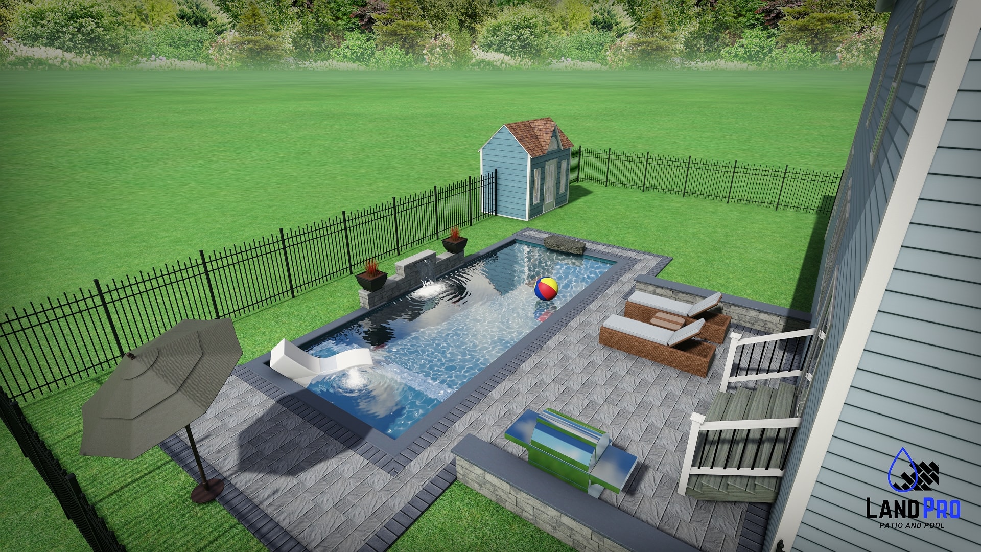 Design — 3D daytime rendering of pool with paver patio, lounge chairs, umbrella, sheer descent waterfall, and shed with black aluminum fence