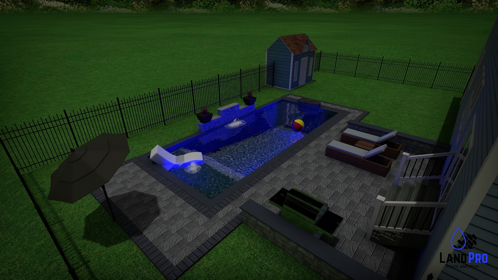 Design — 3D night rendering of pool glowing blue with paver patio, lounge chairs, sheer descent, and shed with black aluminum fence